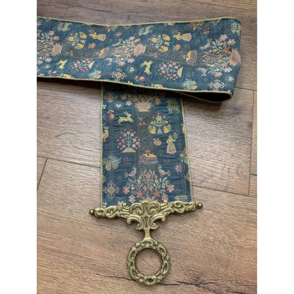 Corona Decor Co Bell Pull Tapestry Sampler Blue Brass Hardware Wall Hanging